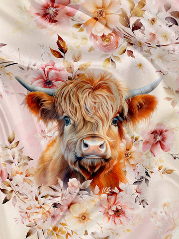 Panneau pour Serviette et Couverture Vache Highland en fleurs