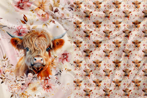Panneau pour Vêtement et Couverture Vache Highland en fleurs