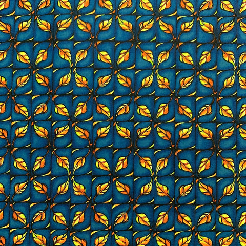 100% Patterned Cotton - Navy and Orange Yellow Leaf