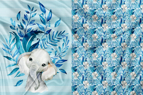 Panneau pour Vêtement et Couverture Éléphant Feuillage Bleu