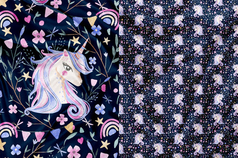 Panel for Clothing and Blanket Unicorn and flower navy
